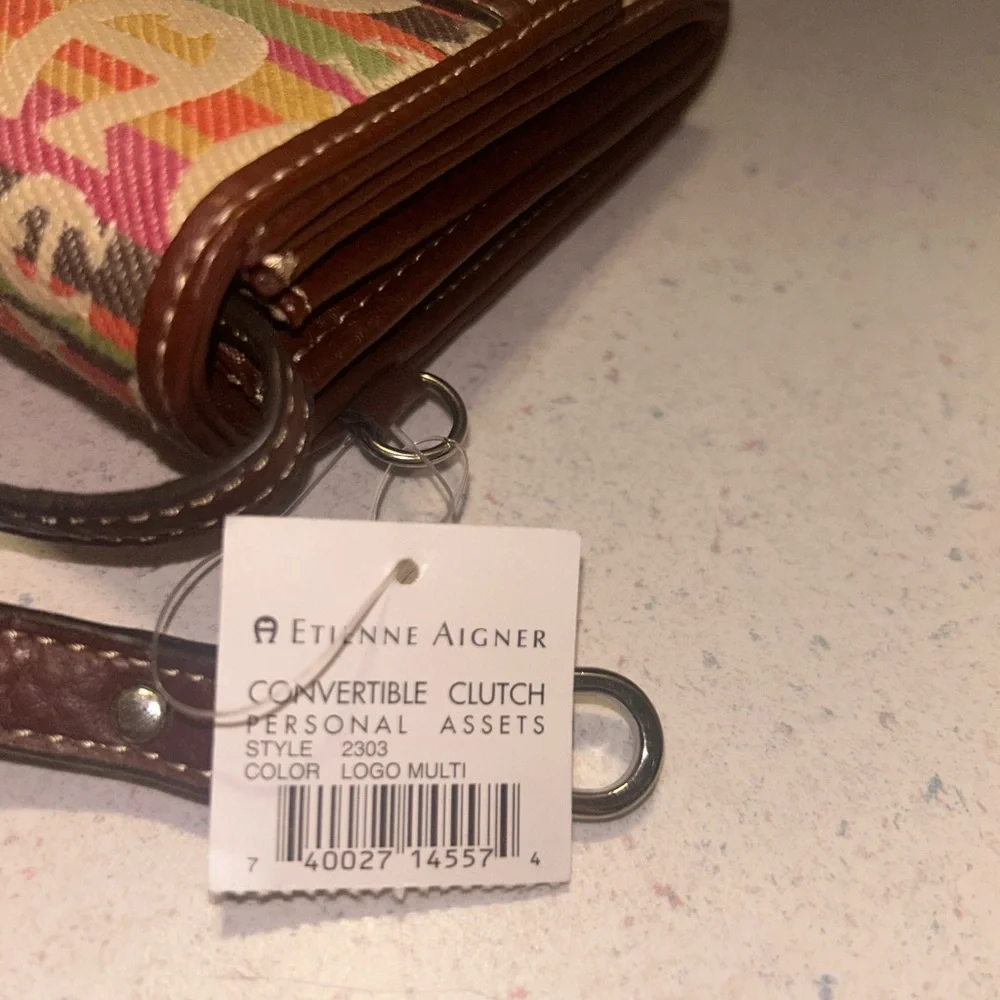 Etienne Aigner Multicolor Logo Canvas Wristlet with Brown Leather Trim - Picture 5 of 12